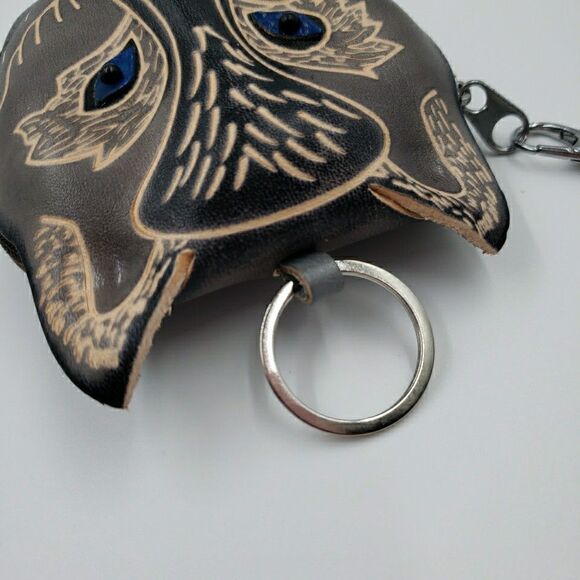 Handmade Leather Gray Wolf Wristlet Wallet Blue Eyes Animal Coin Pouch Cub Scout - Picture 7 of 11